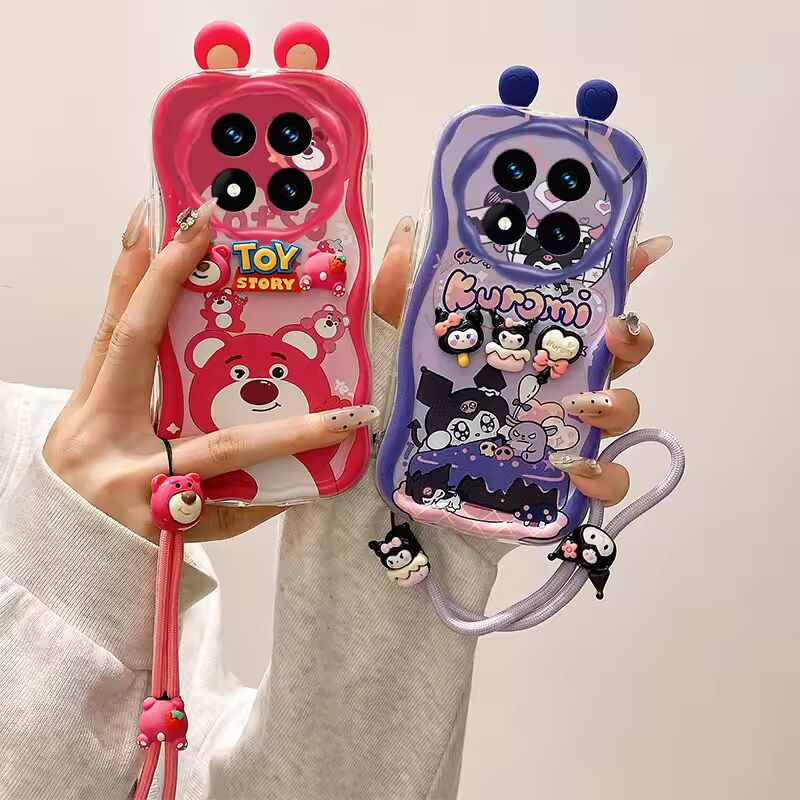New 3D Cute Ear Cartoon Kuromi Hello Kitty Phone Case For Xiaomi Redmi Note 14 13 12 Pro Plus Toy Bear Wrist strap Lanyard Cover