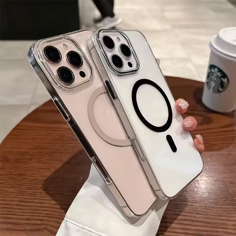 Transparent Phone Case For iPhone 16 15 14 13 Pro Max Plus 16e Thin For Magsafe Magnetic Wireless Metal Buttons Clear Cover