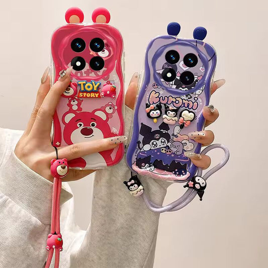 New 3D Cute Ear Cartoon Kuromi Hello Kitty Phone Case For Xiaomi Redmi Note 14 13 12 Pro Plus Toy Bear Wrist strap Lanyard Cover