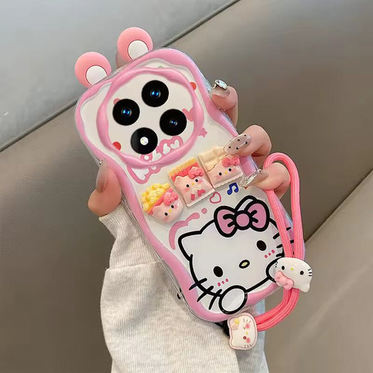 New 3D Cute Ear Cartoon Kuromi Hello Kitty Phone Case For Xiaomi Redmi Note 14 13 12 Pro Plus Toy Bear Wrist strap Lanyard Cover